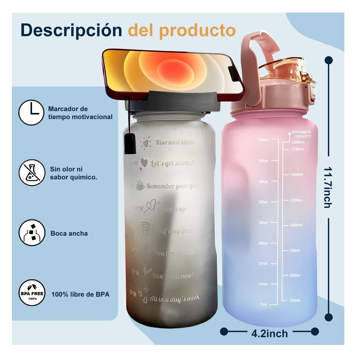 Botella Motivacional 2L Drevon® – Hidratación y Cero Fugas